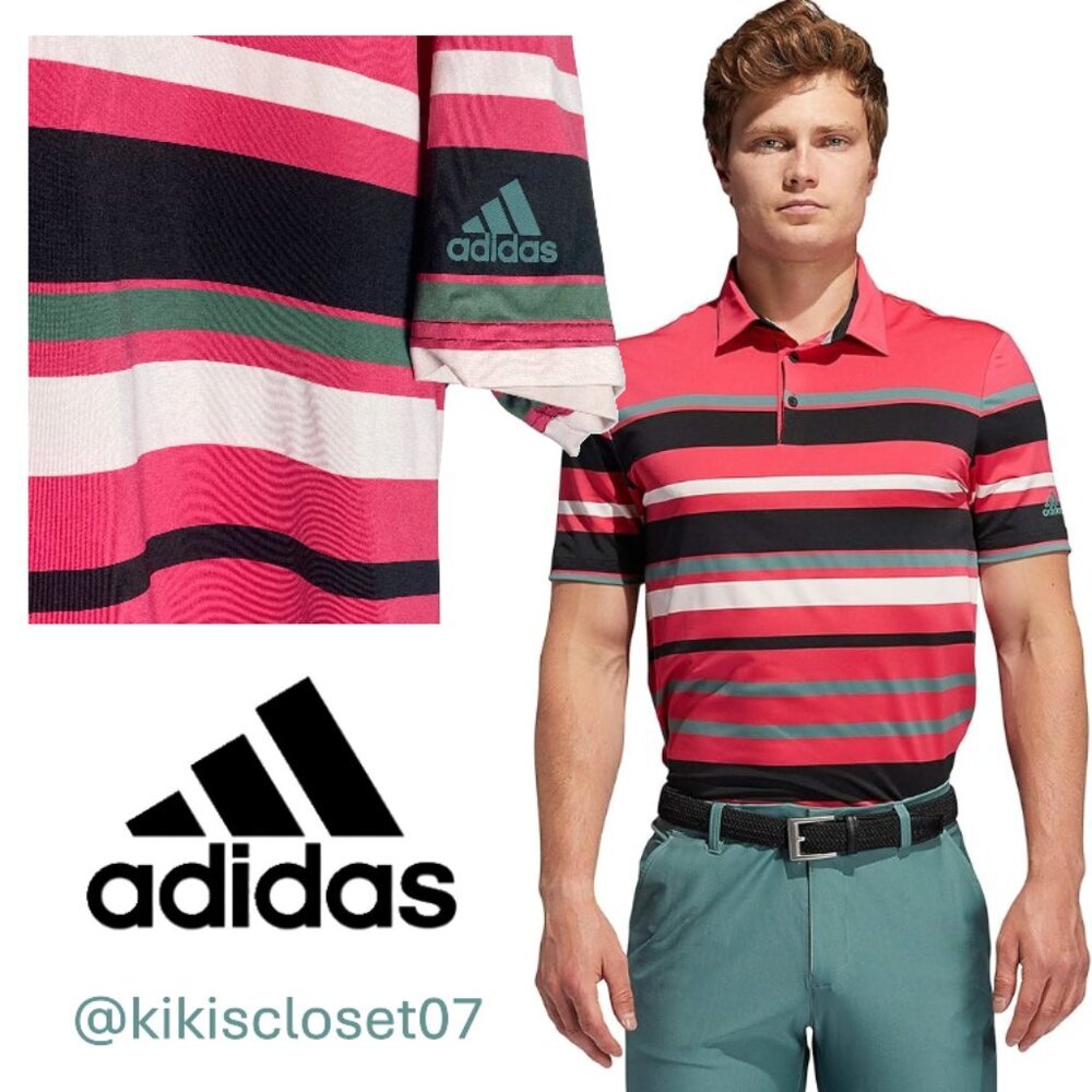 Adidas Men's Ultimate365 Striped Golf Polo Shirt / Pink, Black & Green / Lg